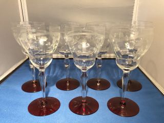 7 Vintage Crystal Etched Glass Floral Red Base Drinking Glasses Wow Pretty
