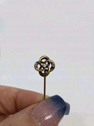 Antique Art Nouveau 14k Yellow Gold 585 Diamond Enamel Lovers Knot Stick Pin