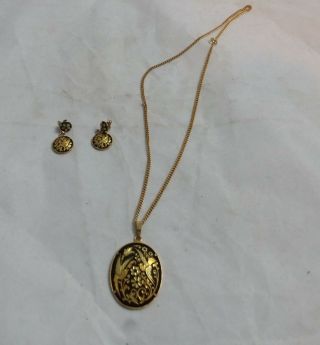 Vintage Damascene Toledo Spain Gold Dove Earrings Plus Necklace,  Snake Earrings