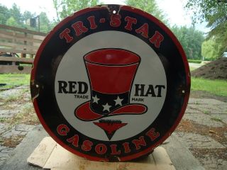 Vintage Tri - Star Red Hat Gasoline Porcelain Gas Station Pump Sign