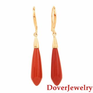 Estate Red Coral 8K Yellow Gold Dangle Chain Drop Earrings NR 2