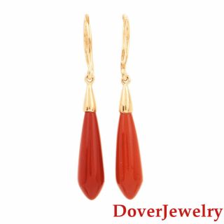 Estate Red Coral 8K Yellow Gold Dangle Chain Drop Earrings NR 3