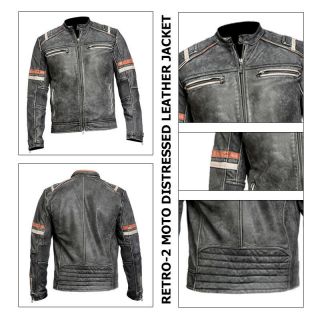 Men ' s Biker Vintage Motorcycle Cafe Racer Retro Moto Distressed Leather Jacket 3