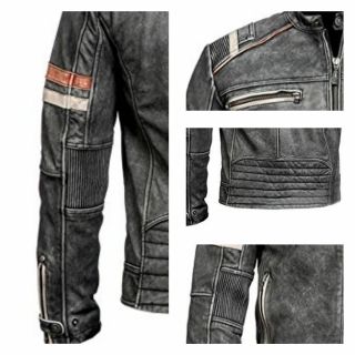 Men ' s Biker Vintage Motorcycle Cafe Racer Retro Moto Distressed Leather Jacket 4