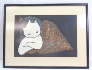 Vintage Kaoru Kawano Woodblock - Girl In Shell - Framed