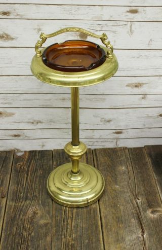 Vintage Pedestal Ashtray Brass With Amber Glass Insert Floor Standing 27 " High