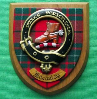 Vintage Scottish Carved Oak Clan Macaulay Tartan Plaque Crest Shield