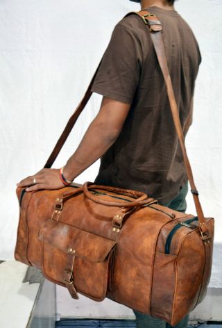 25 " Mens Brown Vintage Travel Luggage Duffle Gym Bags Tote Goat Leather