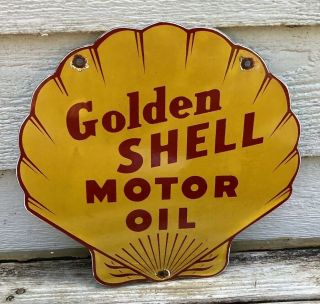 Vintage Golden Shell Porcelain Sign Gas Service Station Pump Plate Motor Oil