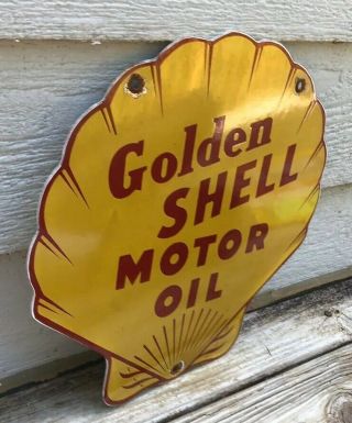 VINTAGE GOLDEN SHELL PORCELAIN SIGN GAS SERVICE STATION PUMP PLATE MOTOR OIL 2