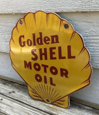 VINTAGE GOLDEN SHELL PORCELAIN SIGN GAS SERVICE STATION PUMP PLATE MOTOR OIL 3