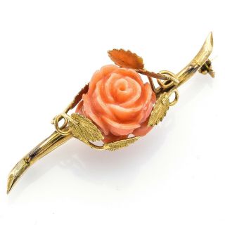 Vintage 14k Yellow Gold Carved Red Coral Rose Brooch Pin 7.  2 Grams 17.  5 X 51.  8mm