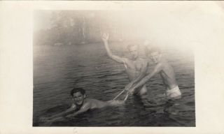 Vintage Photo Muscular Handsome Naked Men In Water Pulling Jock Strap Gay Int