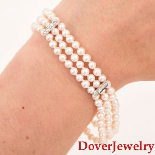 Estate Diamond Pearl 14k White Gold Triple Strand Bracelet 12.  9 Grams Nr