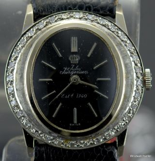 Vintage 14k White Solid Gold Ladies Jules Jurgensen Diamonds Watch Black Dial