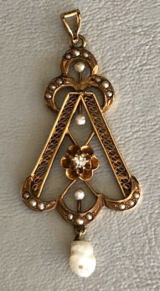 Antique 14k Gold,  Seed Pearl And Diamond Pendant 1 6/8” Long