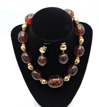 Vintage Crown Trifari Alfred Philippe 40’s Necklace Earrings Amber Lucite