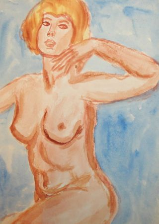 Vintage Fauvist Watercolor Painting Nude Woman Portrait