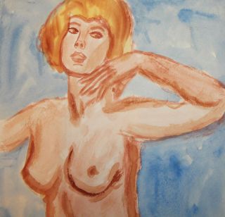 Vintage fauvist watercolor painting nude woman portrait 3
