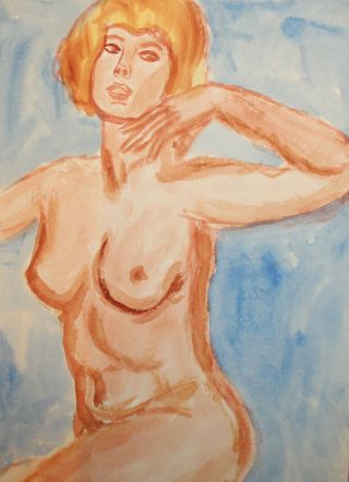 Vintage fauvist watercolor painting nude woman portrait 8