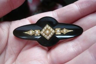 Victorian 9 Carat Gold,  Onyx And Seed Pearl Mourning Brooch Date 1893