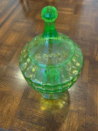 RARE Vintage Vaseline Uranium Green Glass Candy Dish/Lid Twisted Optic 2