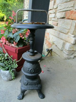 Vintage Black Cast Iron Pot Belly Stove Design Amber Ashtray Handle 22 " Decor