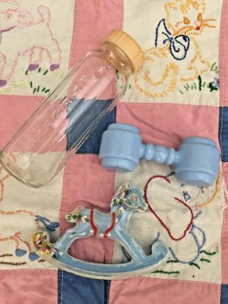 Vintage Baby Rattles,  Glass Evenflo Bottle,  Doll Bed Quilt