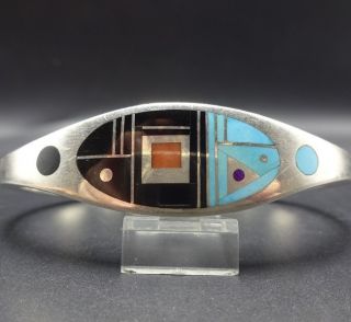 Vintage Ray Tracey Heavy Sterling Silver Turquoise Jet Coral Inlay Cuff Bracelet