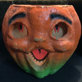 Vintage Halloween Paper Mache Pulp Orange Choir Boy Jack O Lantern Pumpkin 5 1/2