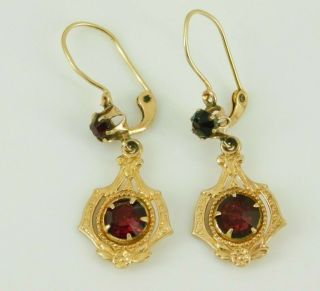 Vintage / Antique Victorian 14k Yellow Gold Red Glass Earrings