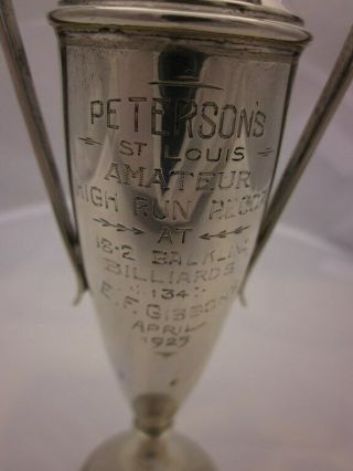 RARE 1927 BILLIARDS TROPHY in STERLING SILVER from PETERSON ' S in St.  Louis,  Mo. 3