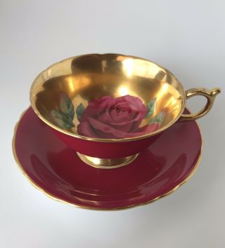 Vintage Paragon Cabbage Rose On Gold Cup & Saucer Red Gilded