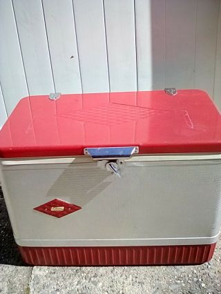 Vintage COLEMAN Cooler DIAMOND LOGO Aluminum,  Red Bottom Bottle Opener Handles 3