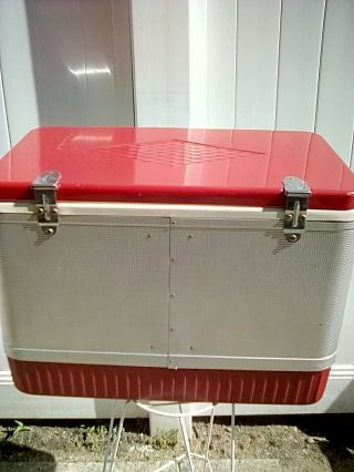 Vintage COLEMAN Cooler DIAMOND LOGO Aluminum,  Red Bottom Bottle Opener Handles 9