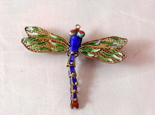 Vintage Chinese Export Gilded Sterling Silver Enamel Dragonfly