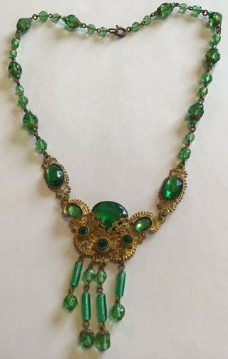 Vintage Czech Art Deco Green Rhinestone & Glass Bead Necklace