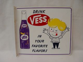 Drink Vess Soda 2 Sided Vintage Advertising Metal Flange Sign With Boy Character
