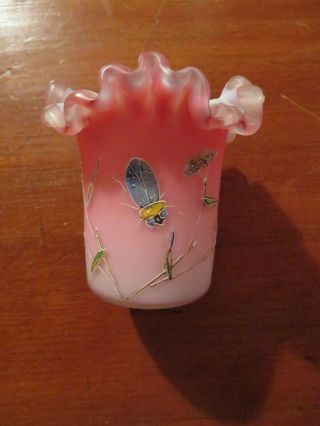 Vintage Victorian Webb Art Glass Toothpick Holder Pink Satin With Enameled Bug