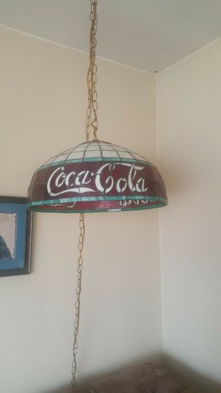Vintage Coca Cola Tiffany Style Stained Glass Lamp Shade 171/2 Inch With Chains