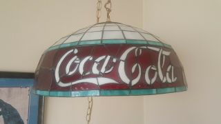 VINTAGE COCA COLA TIFFANY STYLE STAINED GLASS LAMP SHADE 171/2 inch With chains 2