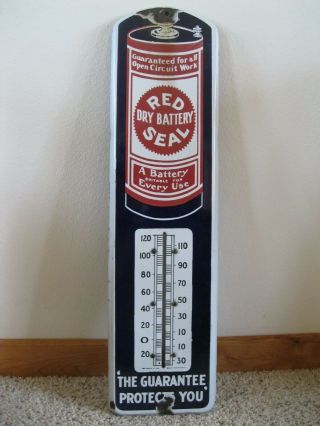 Vintage Red Seal Battery Porcelain Metal Thermometer Sign 27 " Circa 1920 Gas Oil