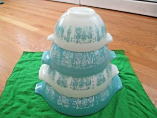 Vtg Pyrex Amish Butterprint Turquoise Aqua Blue Cinderella 4 Pc Mixing Bowl Set