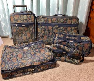 Vintage Jaguar 5 Piece Luggage Set,  Navy Blue Green Leaf Floral Tapestry