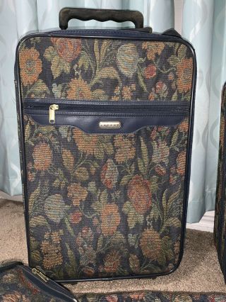 Vintage Jaguar 5 Piece Luggage set,  Navy Blue green leaf floral tapestry 2
