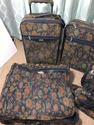 Vintage Jaguar 5 Piece Luggage set,  Navy Blue green leaf floral tapestry 6
