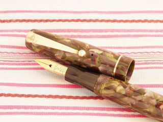 Vintage MABIE TODD SWAN Self - filler ITALIAN Marble Red Veined Fountain Pen RARE 8