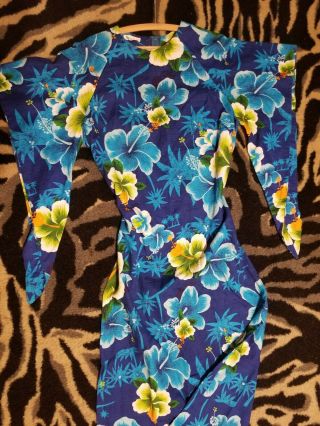 Vintage Tiki Hawaiian Tourist Dress Bell Sleeve Floral Blue Plus Size