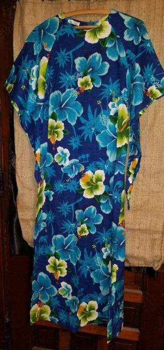 Vintage Tiki Hawaiian Tourist Dress Bell Sleeve Floral Blue Plus size 2