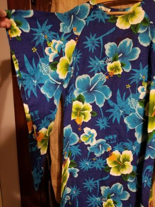 Vintage Tiki Hawaiian Tourist Dress Bell Sleeve Floral Blue Plus size 3